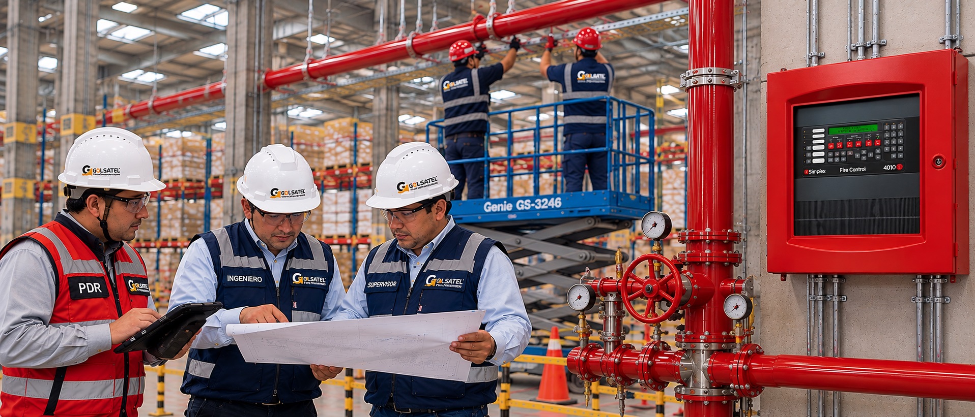 Técnicos e ingenieros de Golsatel realizando inspección de sistema contra incendios en almacén industrial