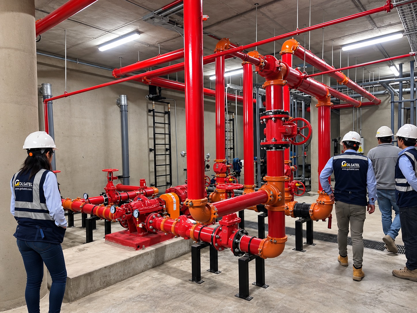 Ingenieros de Golsatel inspeccionando una sala de bombas contra incendio NFPA 20 en Perú