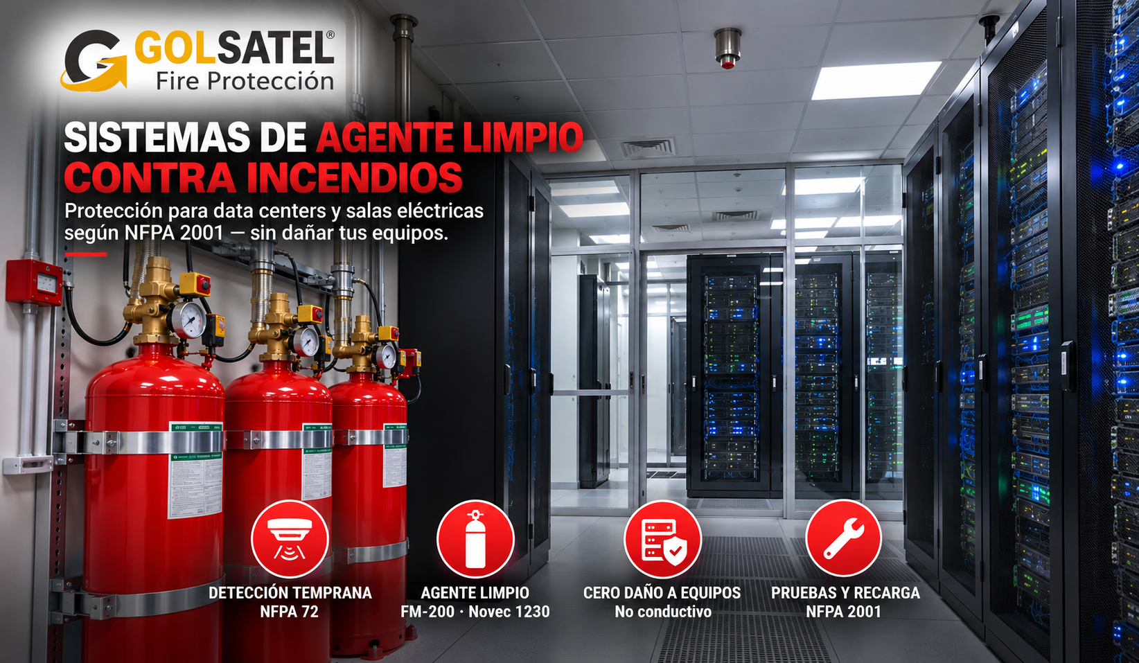 Sistema de agente limpio contra incendios FM-200 y Novec 1230 para data center — Golsatel